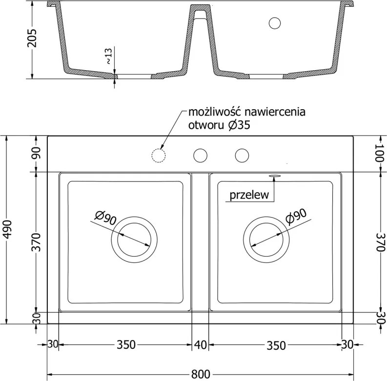 Mexen Hektor chiuvetă de bucătărie din granit cu 2 compartimente 800 x 480 mm, albă, sifon crom - 6521802000-20