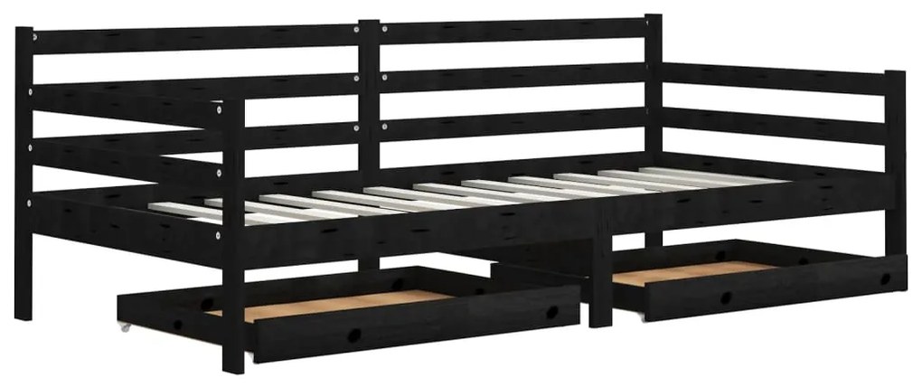 3083683 vidaXL Pat de zi cu sertare, negru, 90x200 cm, lemn masiv de pin