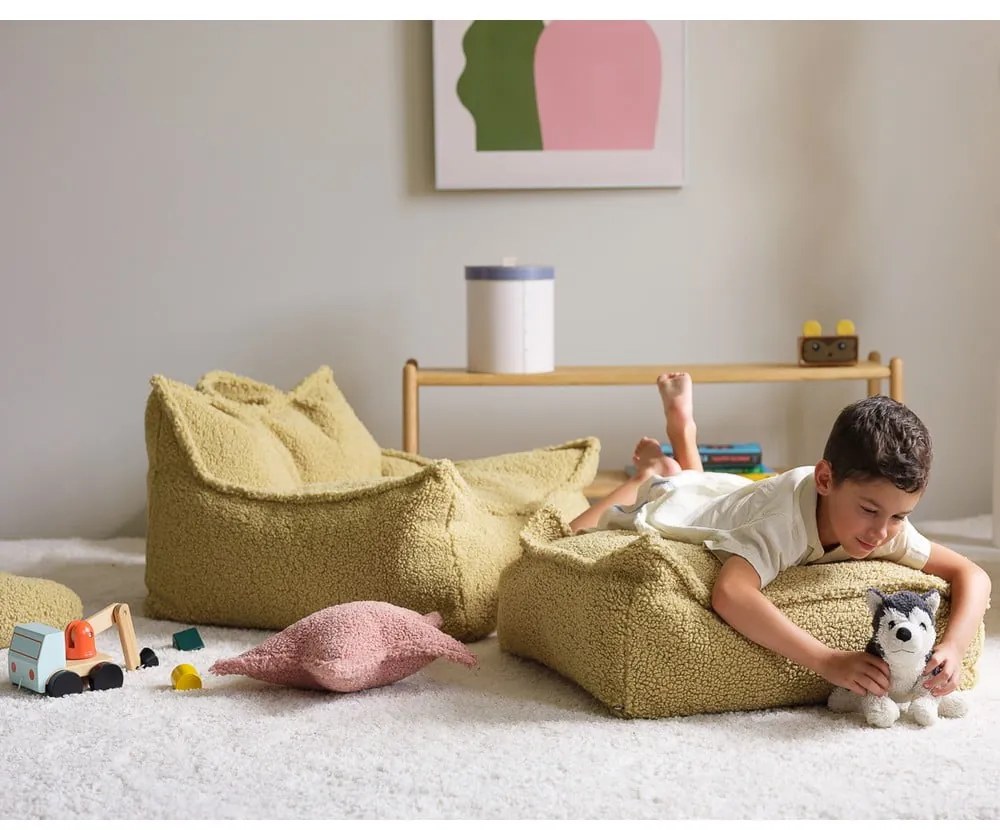 Fotoliu puf pentru copii verde cu tapițerie din țesătură bouclé Square – Wigiwama