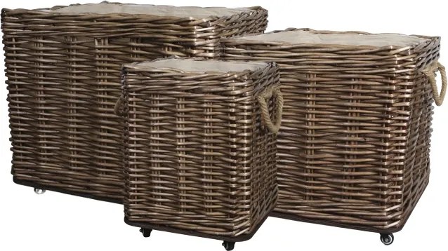 Set 3 coșuri decorative pătrate lucrate manual din ratan împletit, cu roți, 60x70x70 cm, „Gabian"