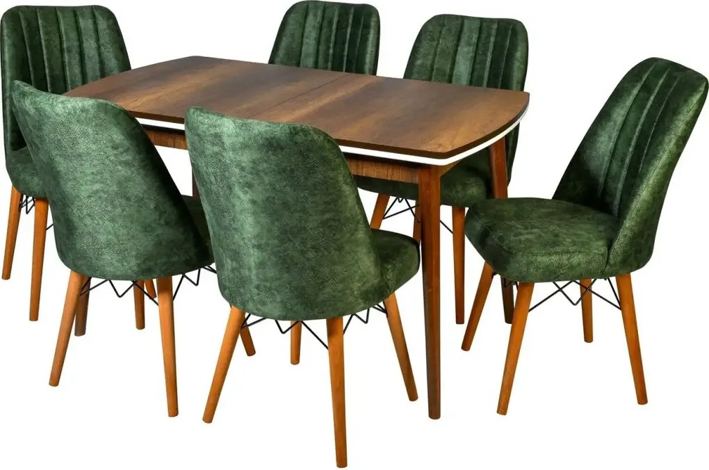 Set masa extensibila cu 6 scaune tapitate Homs cargold 250-30050 nuc-VERDE,170 x 80 cm