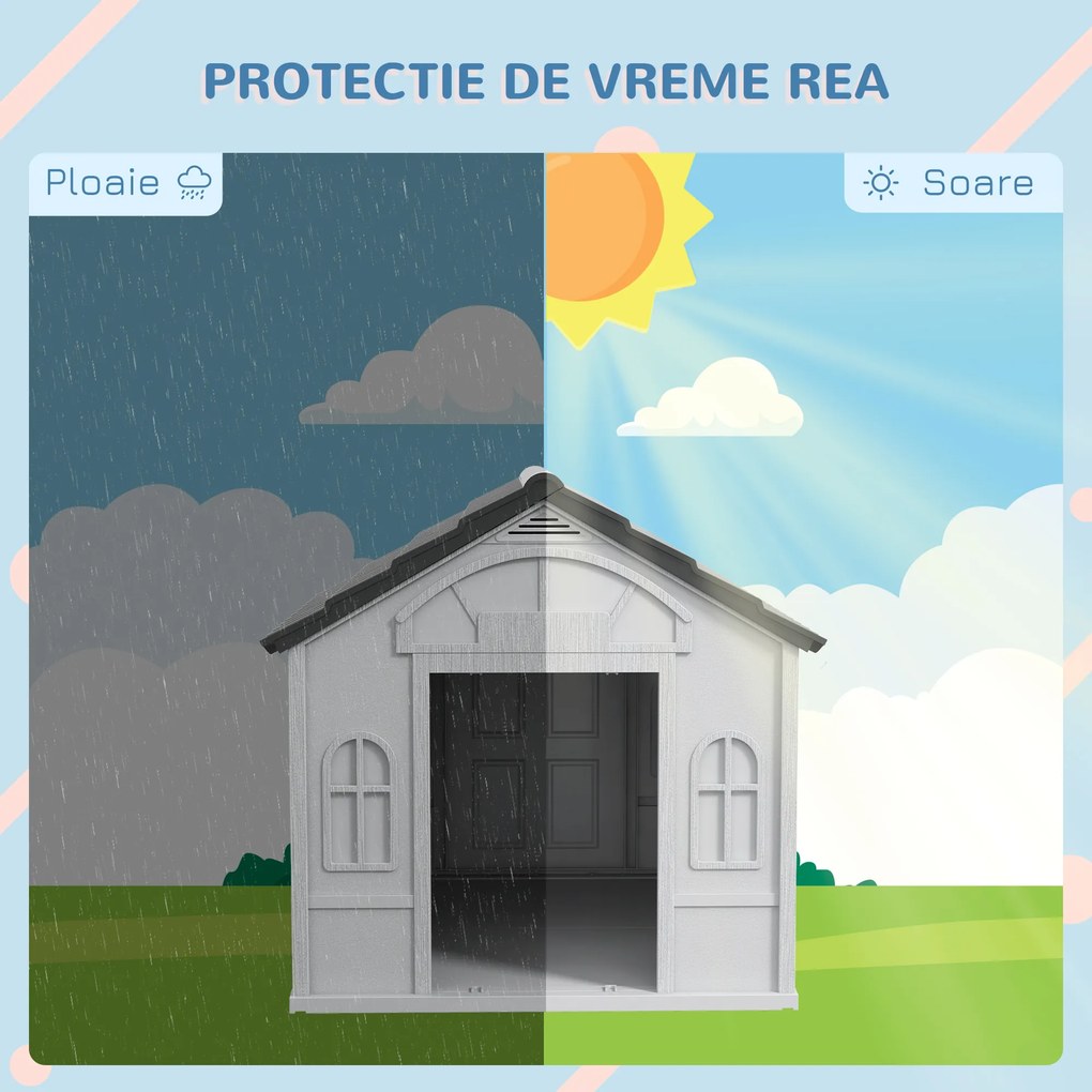 PawHut Cușcă pentru Câini din PP Impermeabil cu Acoperiș Inclinat și Ușă de Intrare, 65x75.7x63 cm, Gri | Aosom Romania