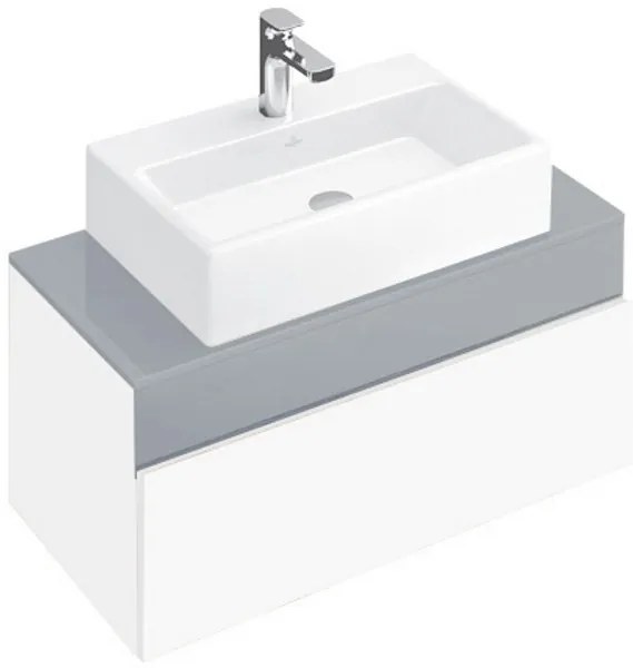 Dulap baza suspendat cu blat sticla, Memento Villeroy&Boch, lavoar centru, 80.6x46x37cm, alb/gri, C780M0MT