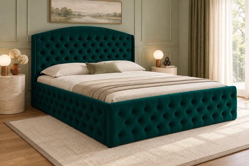 Pat tapițat Lunara Deluxe 200×200 cm, verde, cu ladă de depozitare