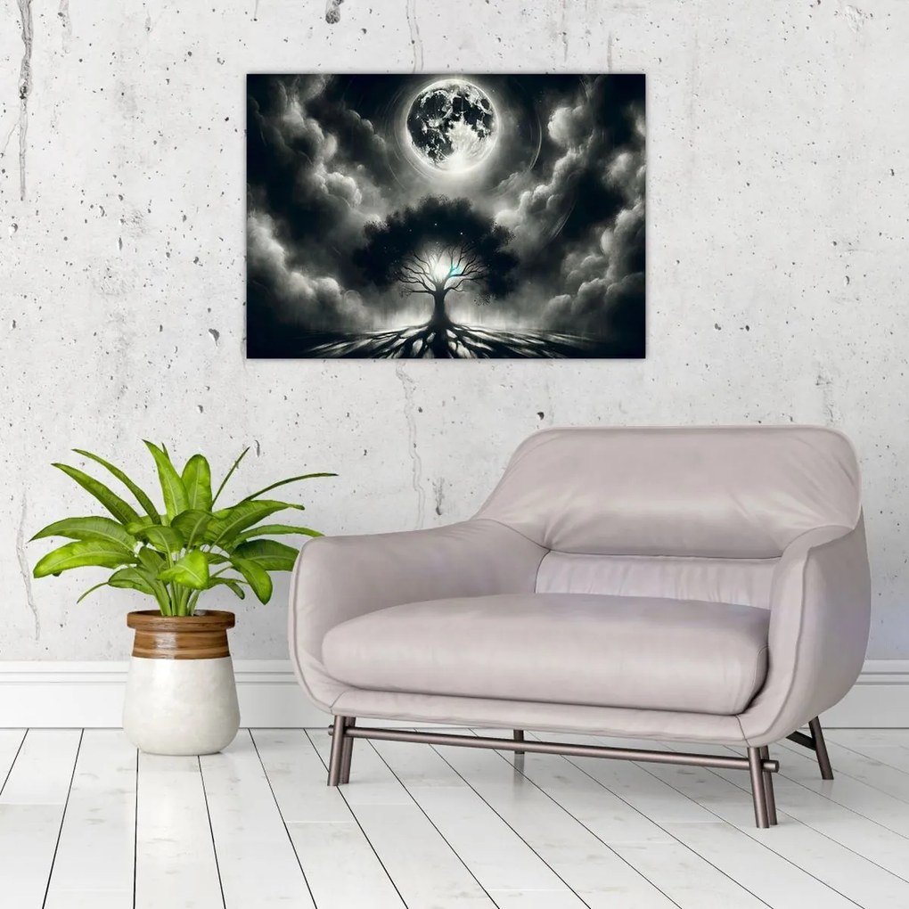 Tablou pe sticlă – Arbore alb-negru în lună plină (70x50 cm)