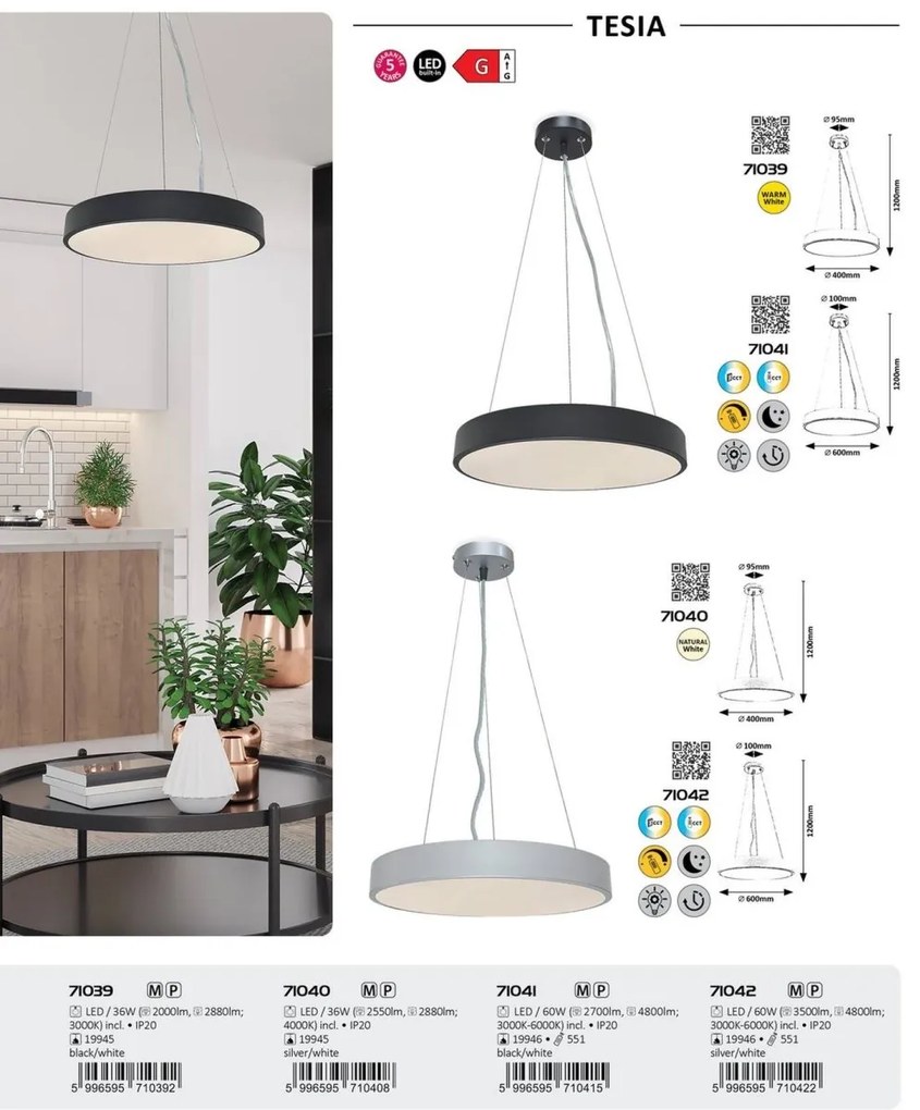 Lustra suspendata LED Tesia 40cm, argintiu