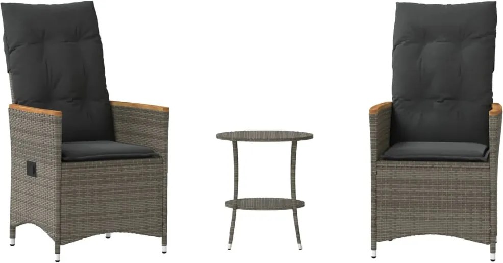 vidaXL Set bistro de grădină cu perne, 3 piese, gri, poliratan