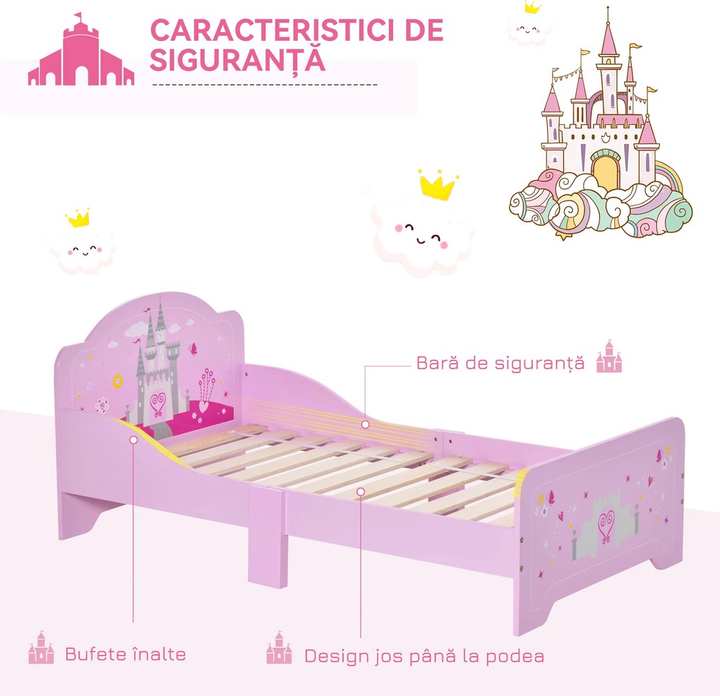 HOMCOM Pat Copii Design Sigur cu Margini Rotunjite și Sine Laterale, 3-6 Ani, 143x73x60cm | Aosom Romania
