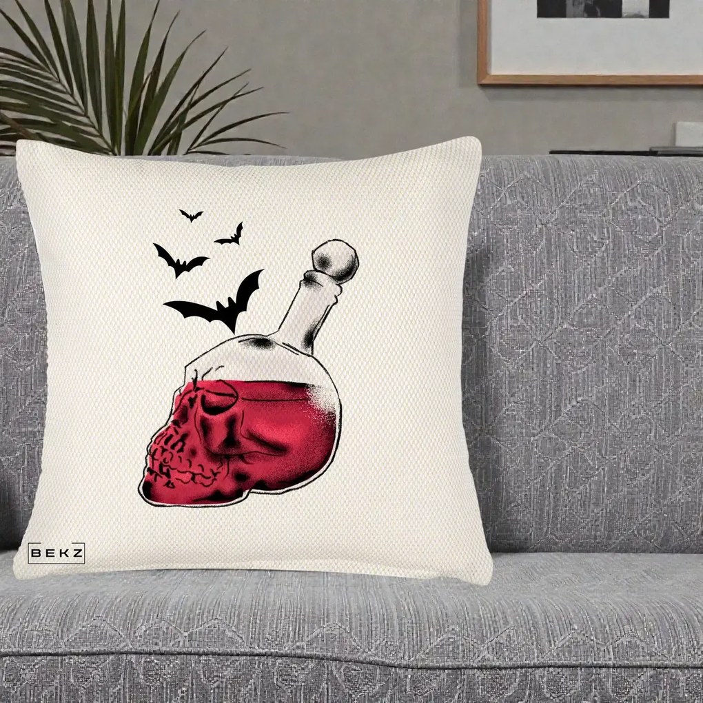 Perna Decorativa Halloween Craniu-Sticla cu Lilieci, 40x40 cm, Crem Reliefat, Husa Detasabila, Perna Inclusa, BEKZ®