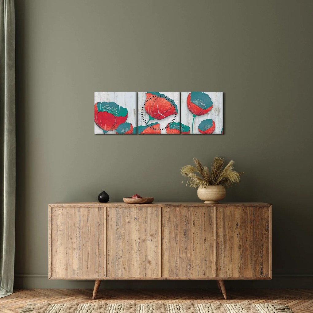Tablou - Maci de câmp - petrol (cu ceas) (90x30 cm)