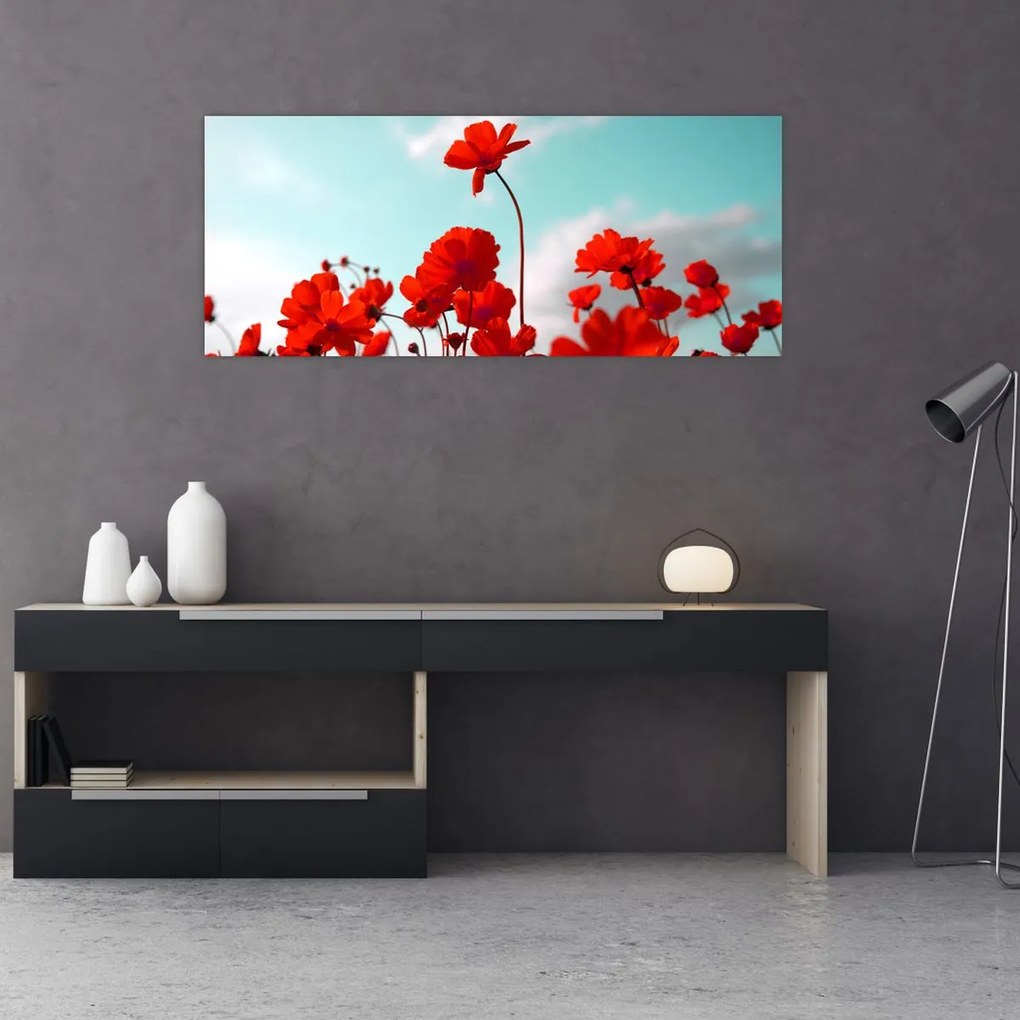 Tablou - Câmp cu flori roșu deschis (120x50 cm)