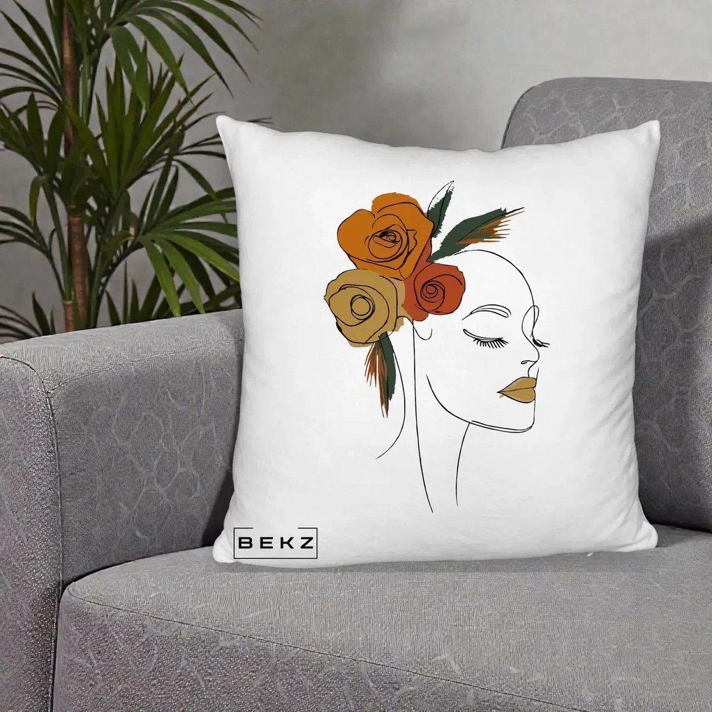 Perna Decorativa Portret Feminin Trandafiri Ruginii, 40x40 cm, Alb Pufos, Husa Detasabila, Perna Inclusa, BEKZ®
