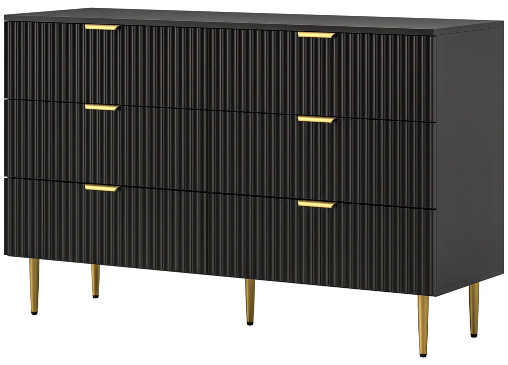 HOMCOM Comodă 6 sertare comodă dormitor mobilier de depozitare modern cu mânere și picioare aurii, 120 x 40 x 76,5 cm, negru | Aosom Romania