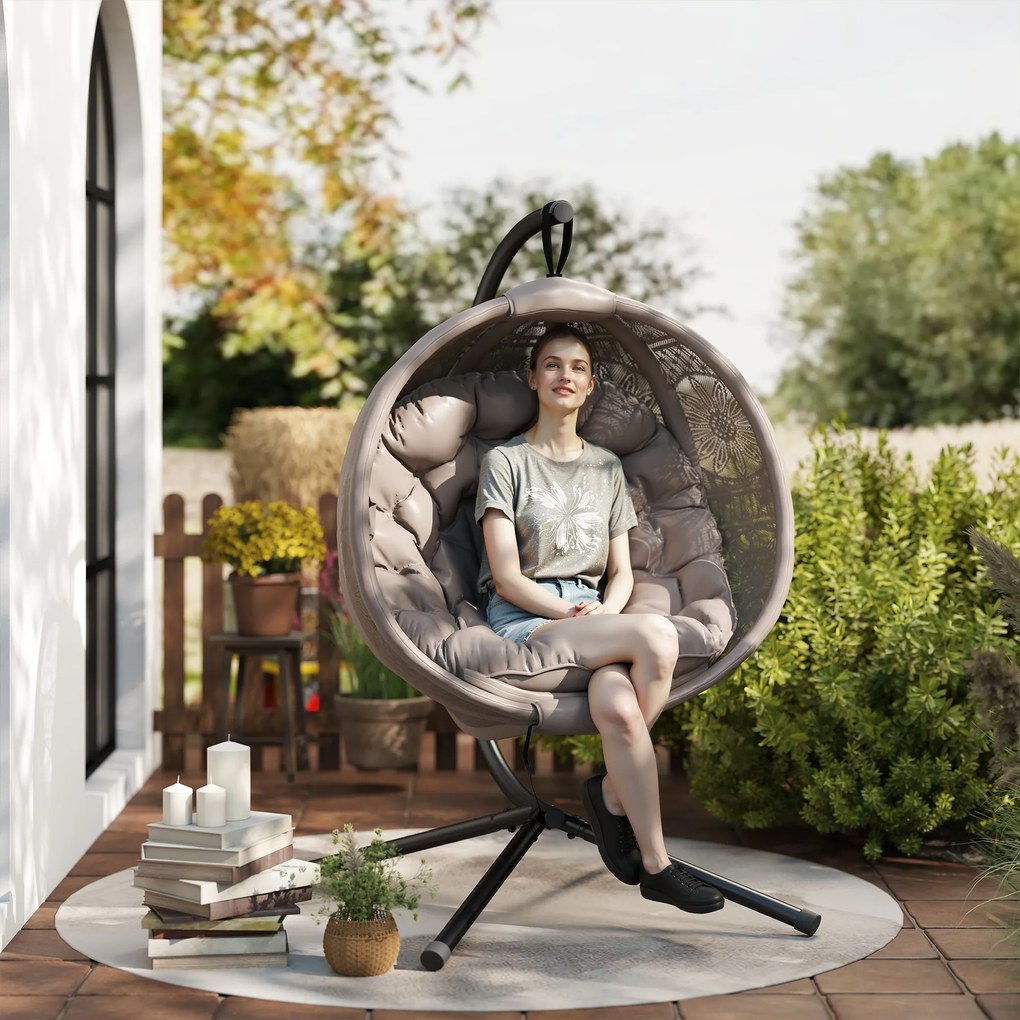 Outsunny Scaun suspendat Scaun de grădină Fotoliu din coș, stil Boho, 116 x 125 x 172 cm, bej + negru | Aosom Romania
