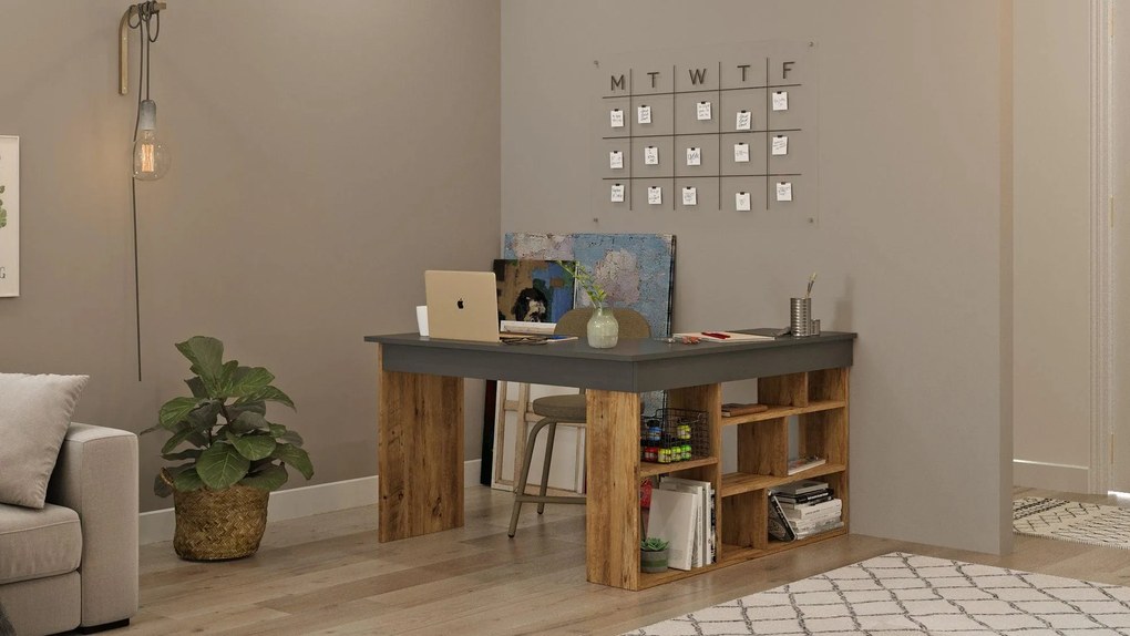 Birou Zellow Tip L cu Rafturi, 129 x 72 x 120 cm