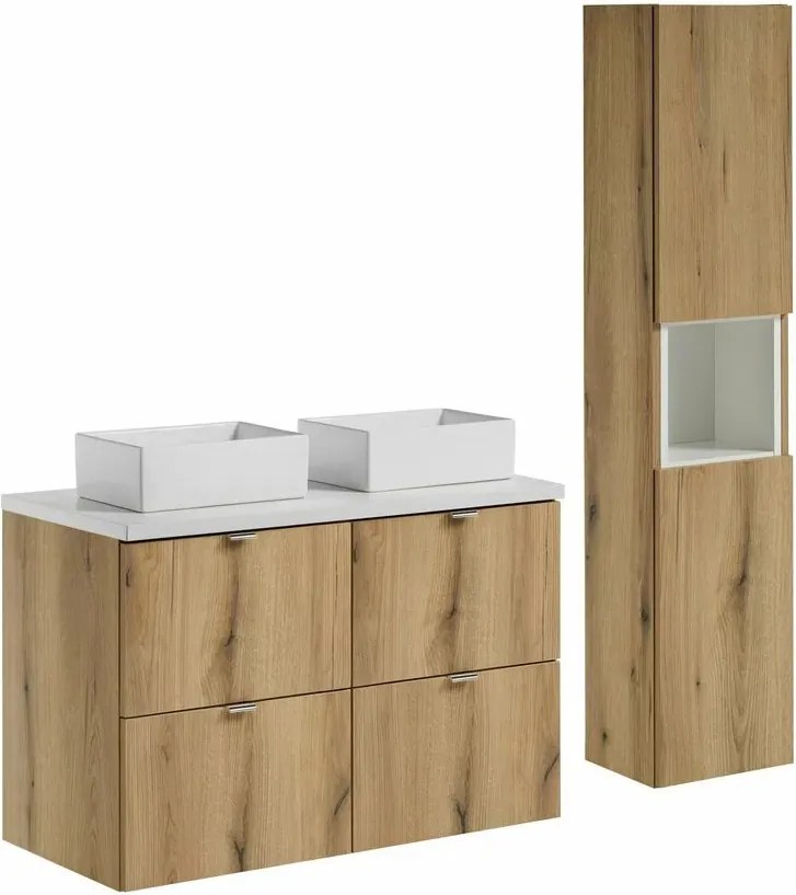 Set mobilier baie 100 cm 7 piese Comad Nova alb mat si stejar Coast Evoke