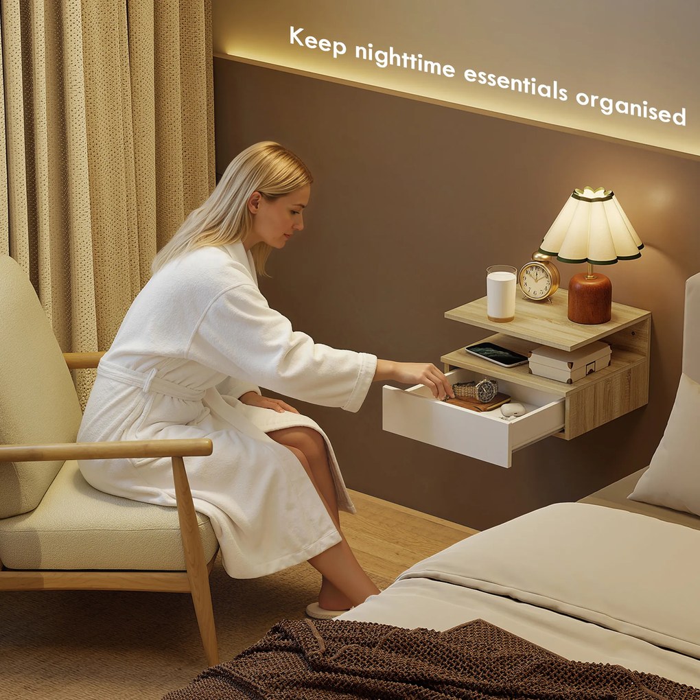 HOMCOM Set de 2 Noptiere Suspendate cu Sertar și Poliță Superioară, Noptiere Moderne din Lemn, 35x32x22.5 cm, Lemn Natural | Aosom Romania