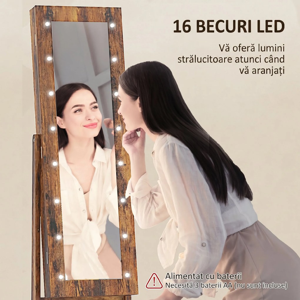 HOMCOM Dulap pentru Bijuterii cu Oglindă Reglabilă și Lumini LED 36x30x136 cm Maro Rustic | Aosom Romania