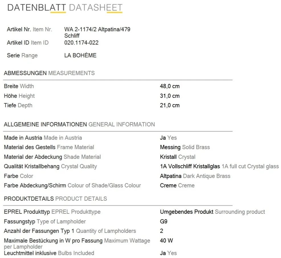 Aplica de perete design clasic LA BOHEME 2L, patina veche