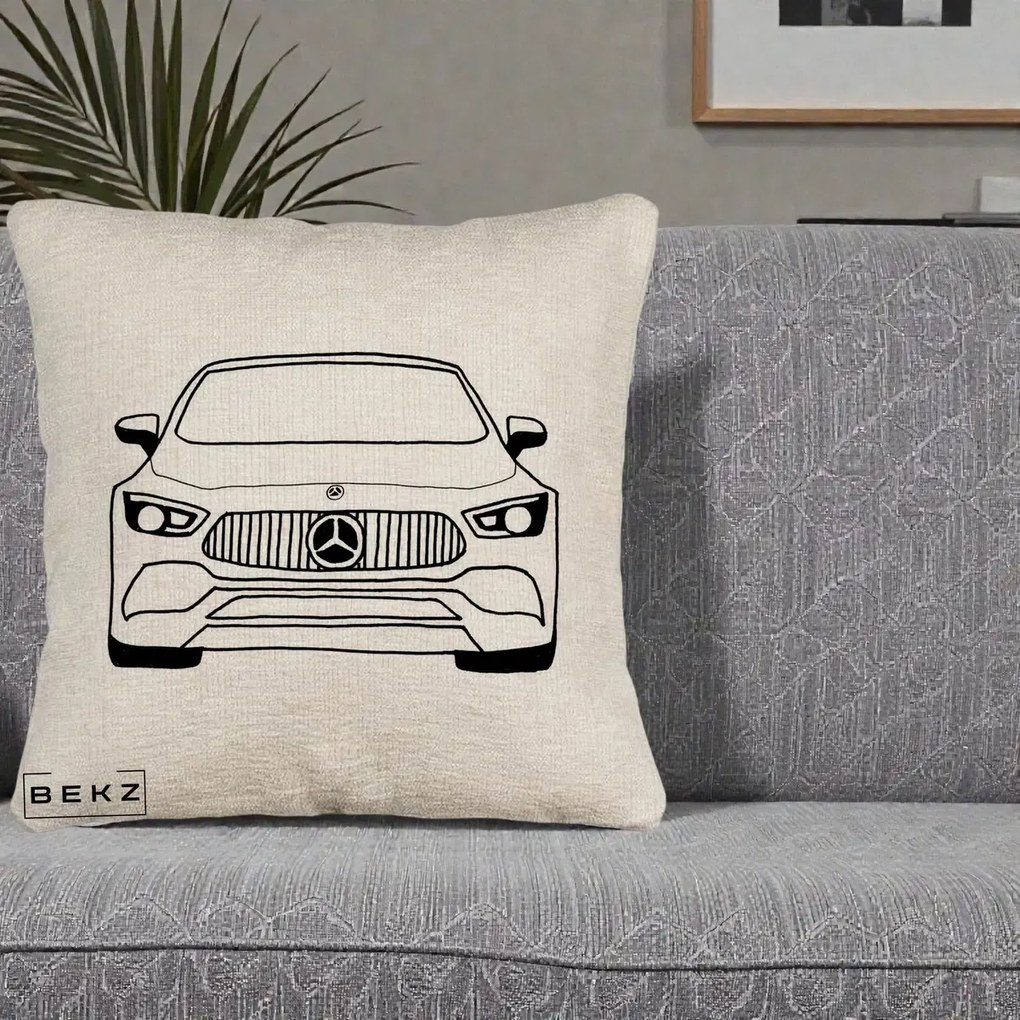 Perna Personalizata Mercedes-Benz Fata Linie, 40x40 cm, Bej Canapea, Husa Detasabila, Perna Inclusa, BEKZ®