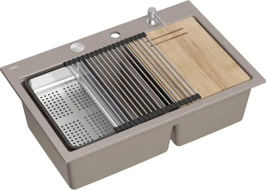 Statie de lucru incastrata Quadron Unique Marc 120 bej soft taupe - inox 2 cuve 76x50 cm