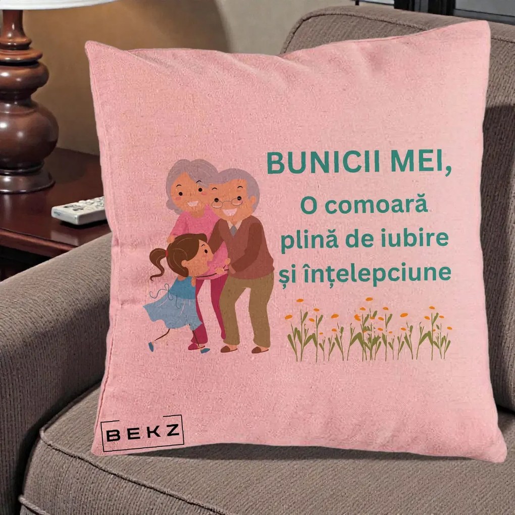 Cadou pentru Bunici - Perna Personalizata Bunicii Mei Comoara Iubire Intelepciune Nepoata, 40x40 cm, Roz, Husa Detasabila, Perna Inclusa, BEKZ®