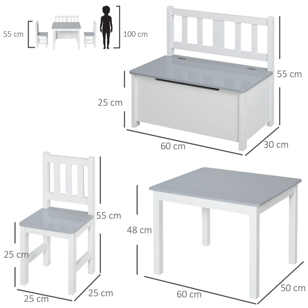 HOMCOM Set Mobilier pentru Copii 4 Piese, Masă, 2 Scaune, Bancă Depozitare, Lemn Multifuncțional, Alb și Gri | Aosom Romania