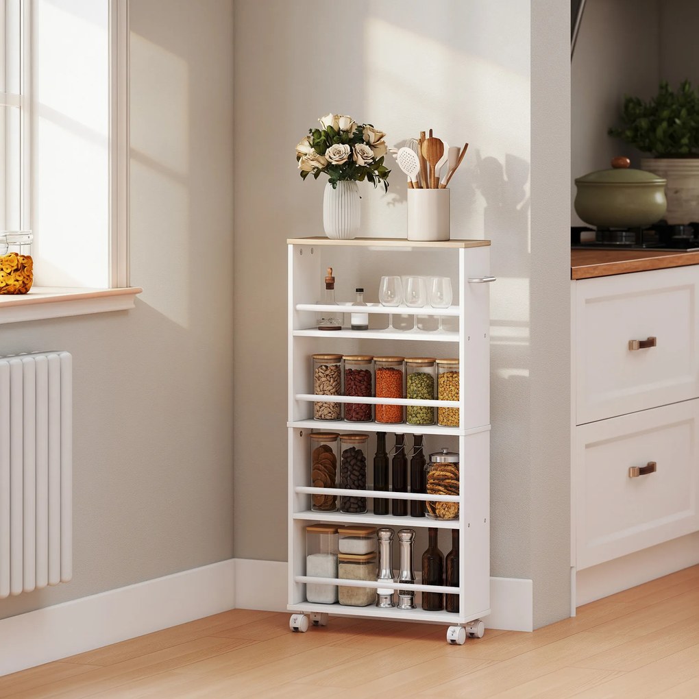 HOMCOM Raft multifuncțional cu roți, construcție îngustă, 4 compartimente, 45x15x91 cm, Lemn natural | Aosom Romania