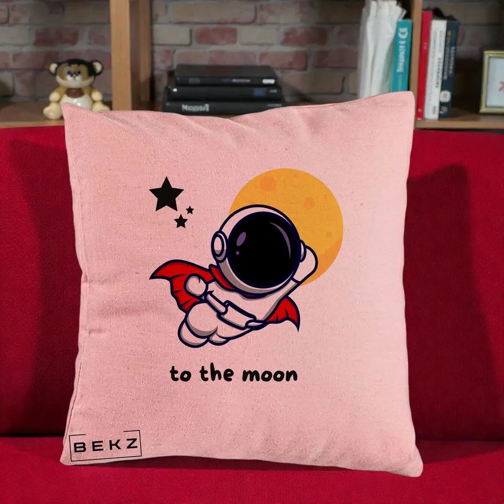 Perna Decorativa Astronaut To The Moon, 40x40 cm, Roz, Husa Detasabila, Perna Inclusa, BEKZ®