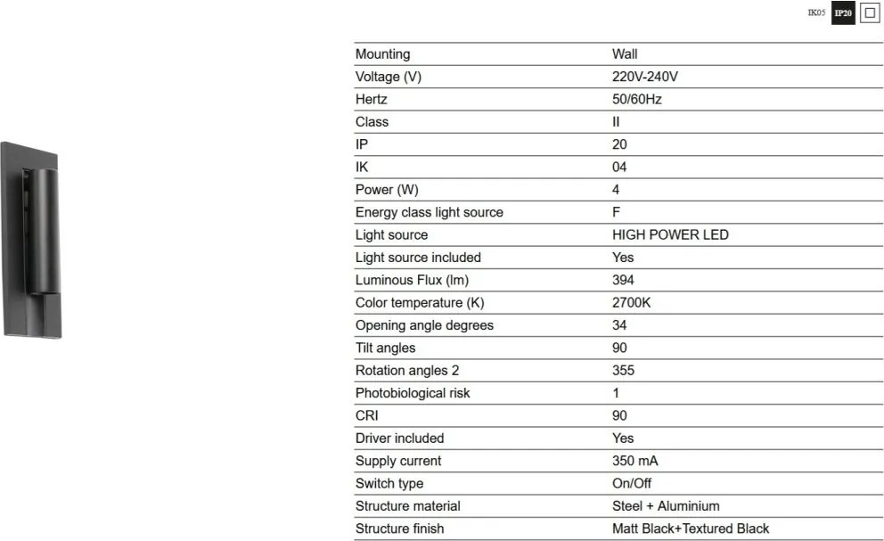 Aplica cu reader LED directionabil stil minimalist GABO negru