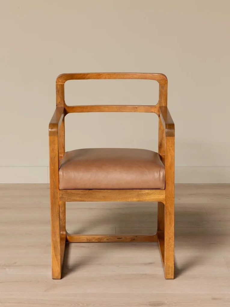Scaun de dining din lemn de mango natur cu șezut din piele naturală și finisaj rotunjit, 84×43×56 cm, „Kalua"