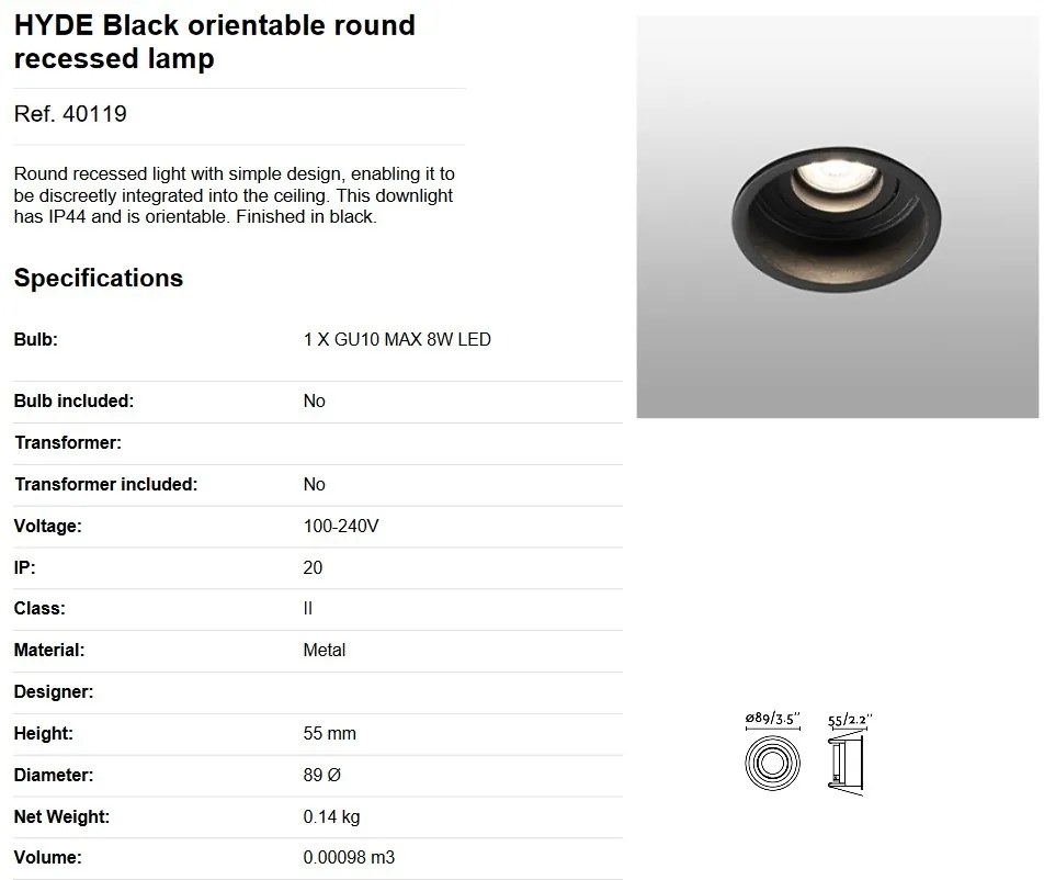 Rama Spot incastrabil tavan fals IP44 HYDE Black orientable round 40119
