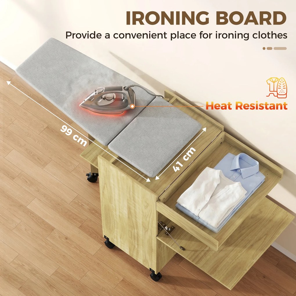 HOMCOM Dulap Masă de Călcat Rabatabilă cu Roți și Suport pentru Fier de Călcat, Dulap Multifuncțional cu Rafturi, Compartiment Deschis, pentru Spălătorie, Baie, 154x55x87 cm, Lemn Natural | Aosom Romania