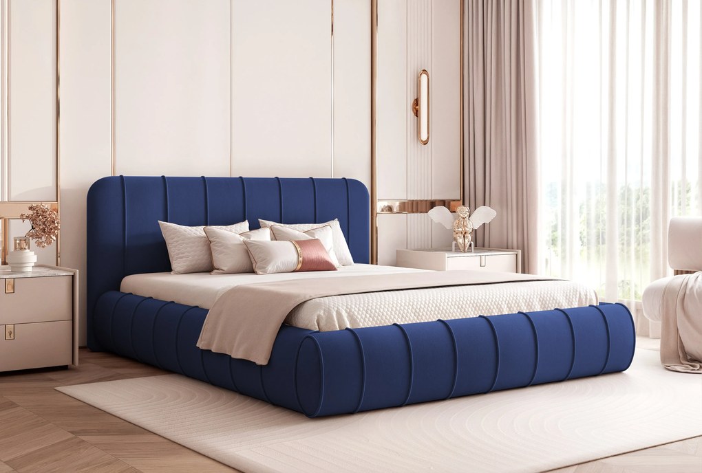 Pat Stripe 120 x 200 Cm, Lada depozitare, Tapiterie Catifea Albastra