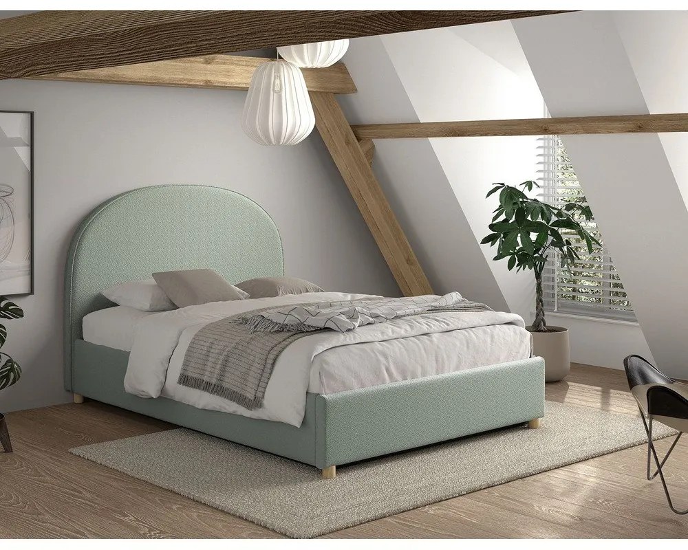 Pat matrimonial verde tapițat cu spațiu de depozitare cu somieră 140x200 cm Moon – Vipack