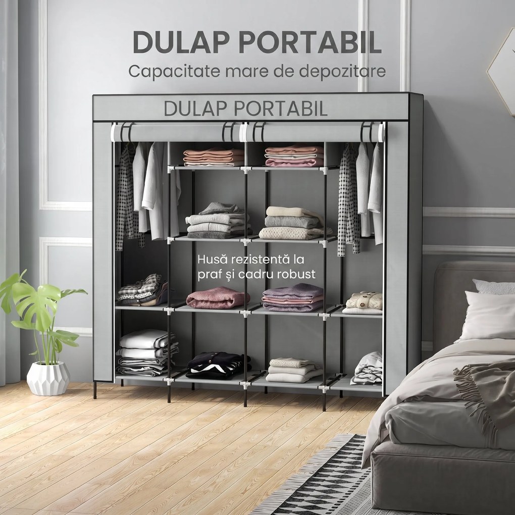 HOMCOM Dulap Portabil din Material Textil și Oțel, Garderobă cu 10 Rafturi, 4 Sertare și 2 Bare, 166x42,5x169,5 cm, Gri | Aosom Romania