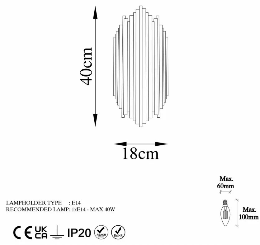 Aplica de Perete Kara - 13346, Soclu E14, Max 40W, Culoare Auriu