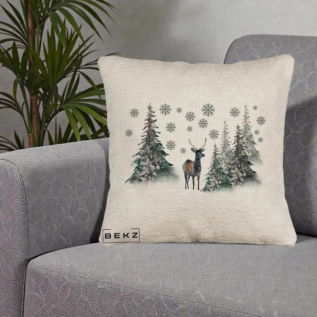 Perna Decorativa Ren in Padure Inzapezita, 40x40 cm, Bej Canapea, Husa Detasabila, Perna Inclusa, BEKZ®