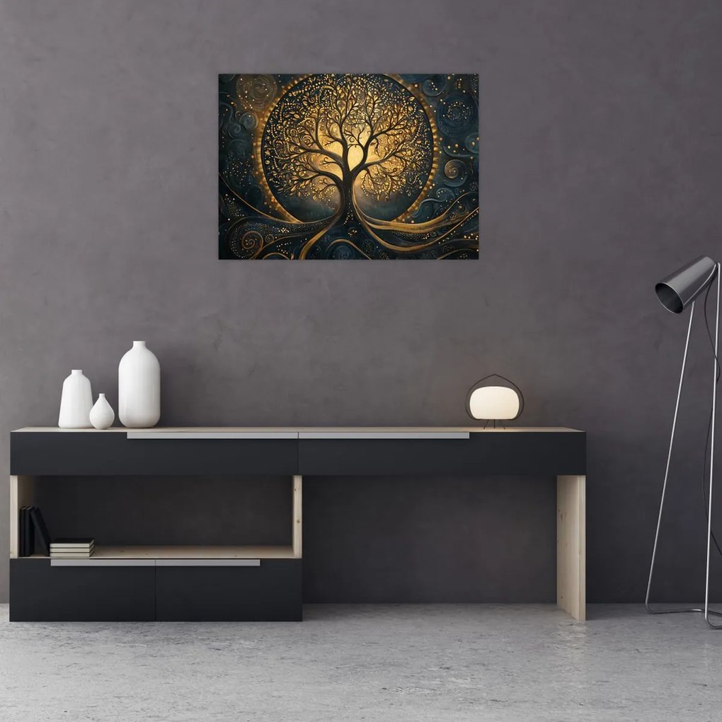 Tablou pe sticlă – Arbore cu aură aurie (70x50 cm)