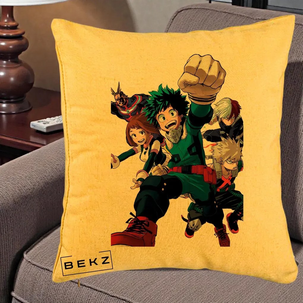 Perna Personalizata My Hero Academia Izuku Deku si Echipa, 40x40 cm, Galben, Husa Detasabila, Perna Inclusa, BEKZ®