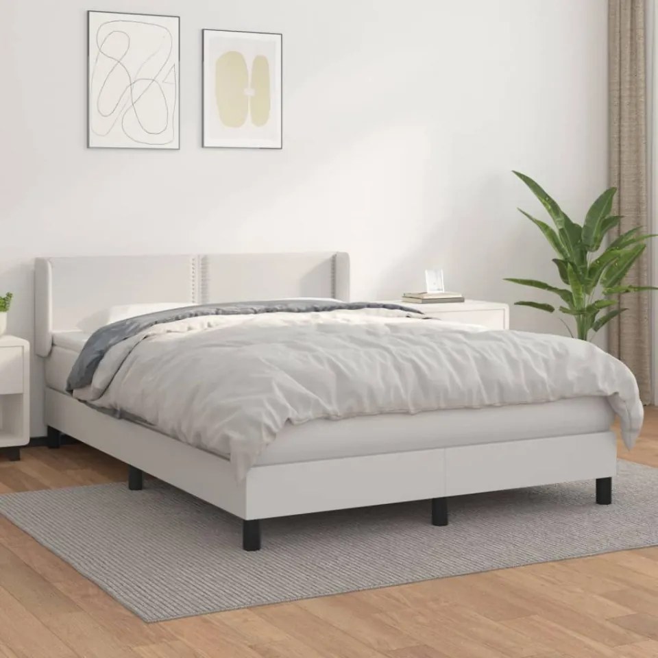 Pat box spring cu saltea, alb, 140x190 cm, piele ecologică