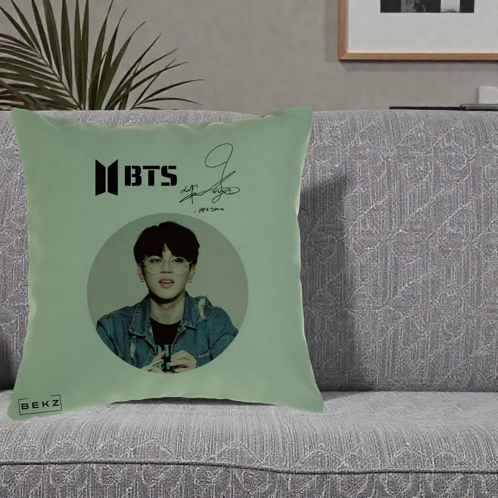 Perna Personalizata K-pop BTS Jimin Portret Cerc Autograf Geaca, 40x40 cm, Verde, Husa Detasabila, Perna Inclusa, BEKZ®