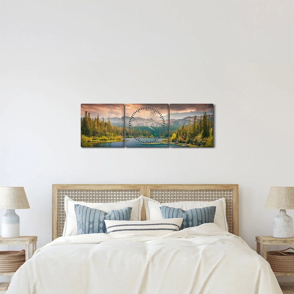 Tablou cu râu montan și munți (cu ceas) (90x30 cm)