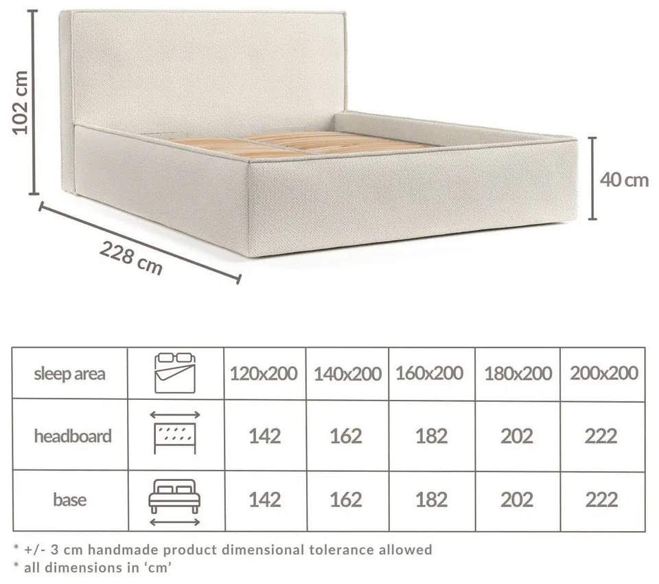 Pat matrimonial bej tapițat cu spațiu de depozitare cu somieră 200x200 cm Lounge L – Maison de Rêve