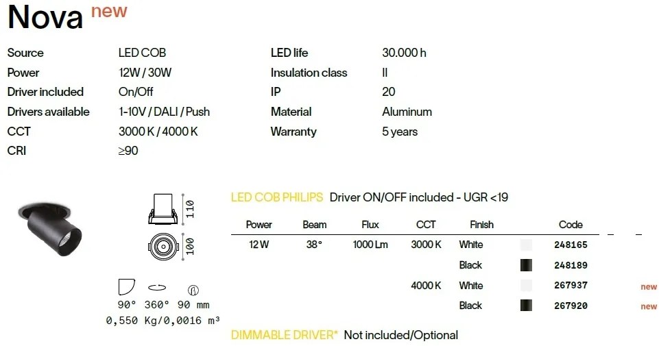 Spot LED directionabil, incastrabil pentru tavan fals NOVA 12W 4000K WH