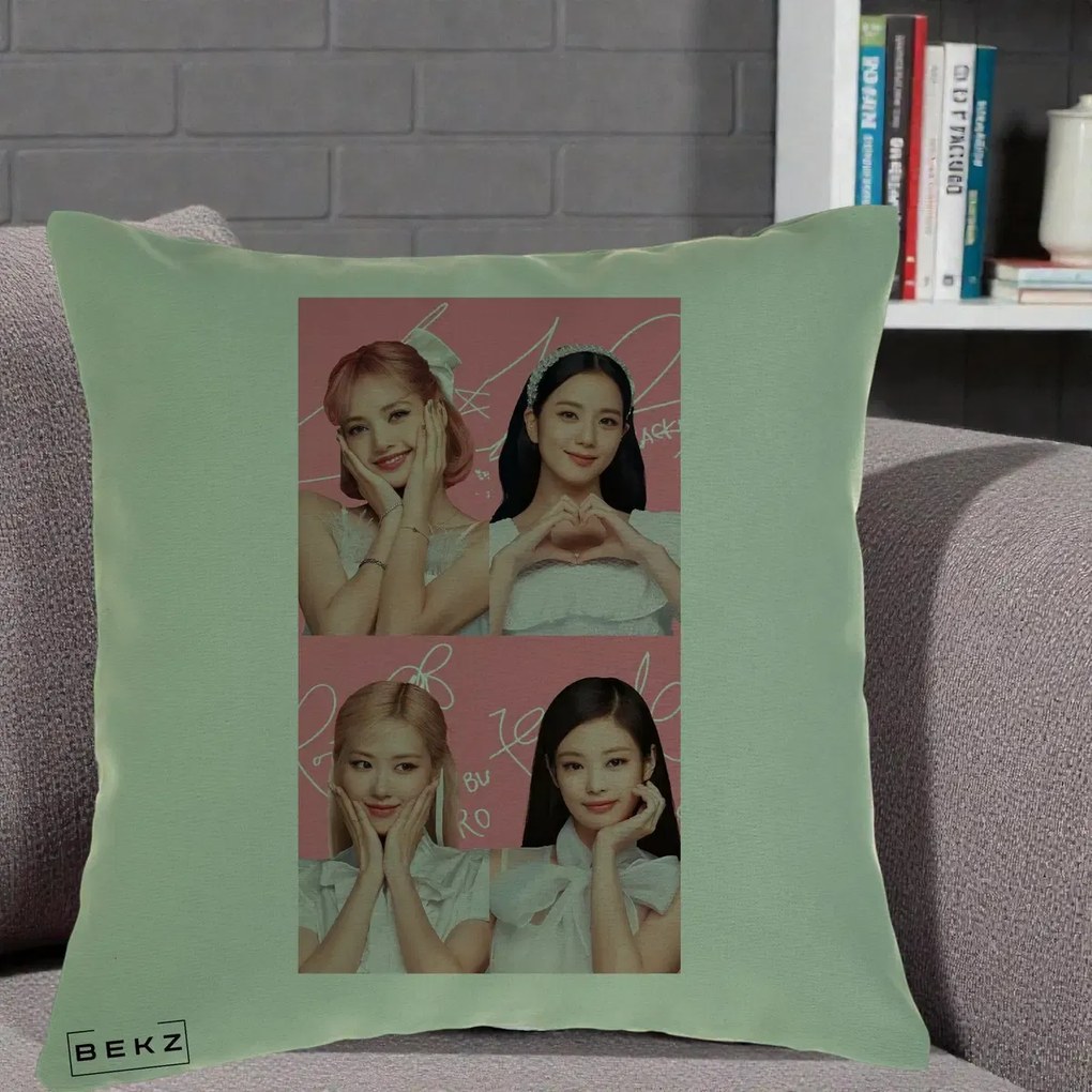 Perna Personalizata K-pop BLACKPINK Colaj Roz, 40x40 cm, Verde, Husa Detasabila, Perna Inclusa, BEKZ®