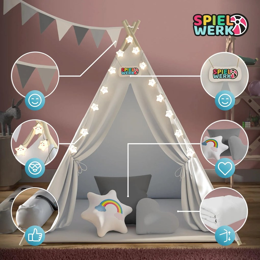 Spielwerk Cort tip teepee pentru copii JULIUS, 120x120x160cm, alb/gri