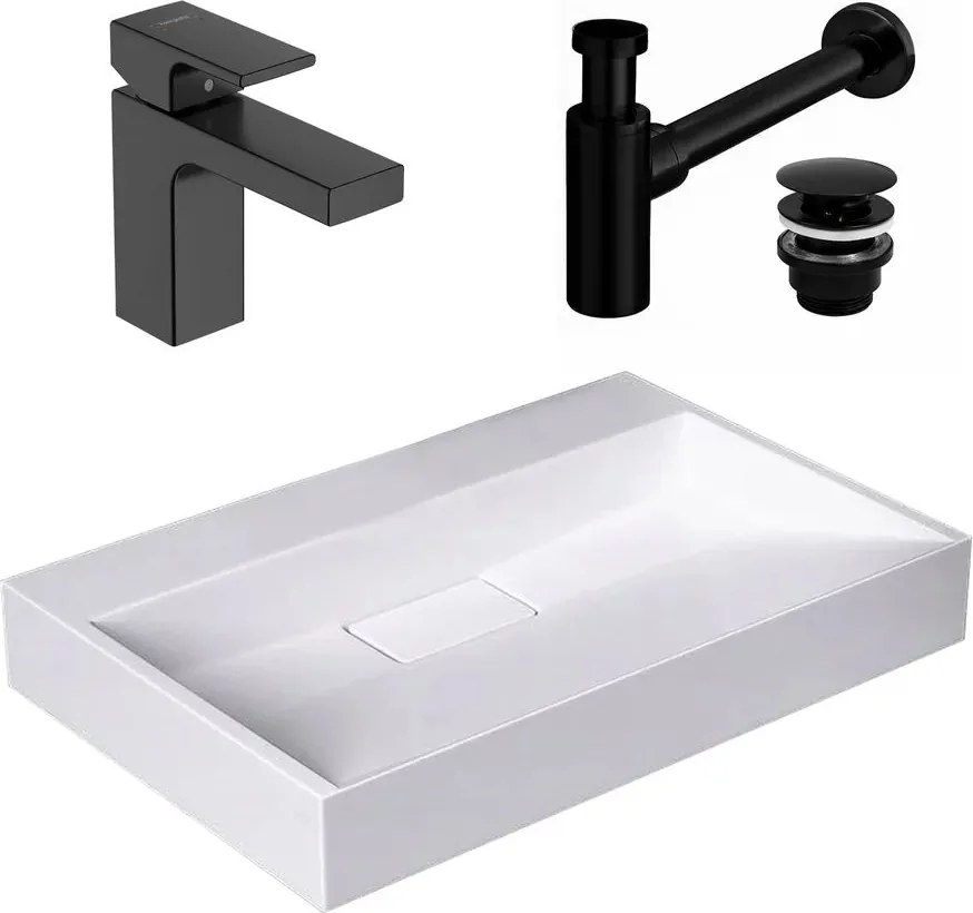 Pachet lavoar pe blat Rea Goya alb 60 cm, baterie lavoar Hansgrohe Vernis Shape 100 negru si ventil lavoar Click-Clack negru