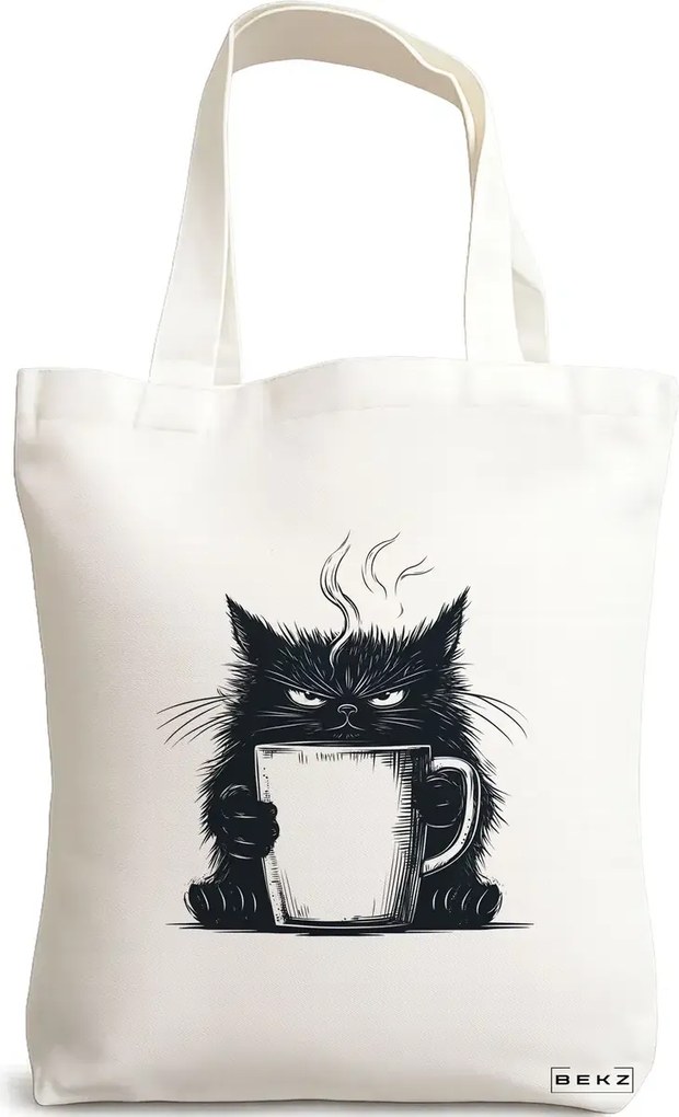 Sacosa de Panza pentru Cumparaturi, Geanta Tote, model Grumpy Coffee Cat 38 x 34.5 cm, Alba, BEKZ®