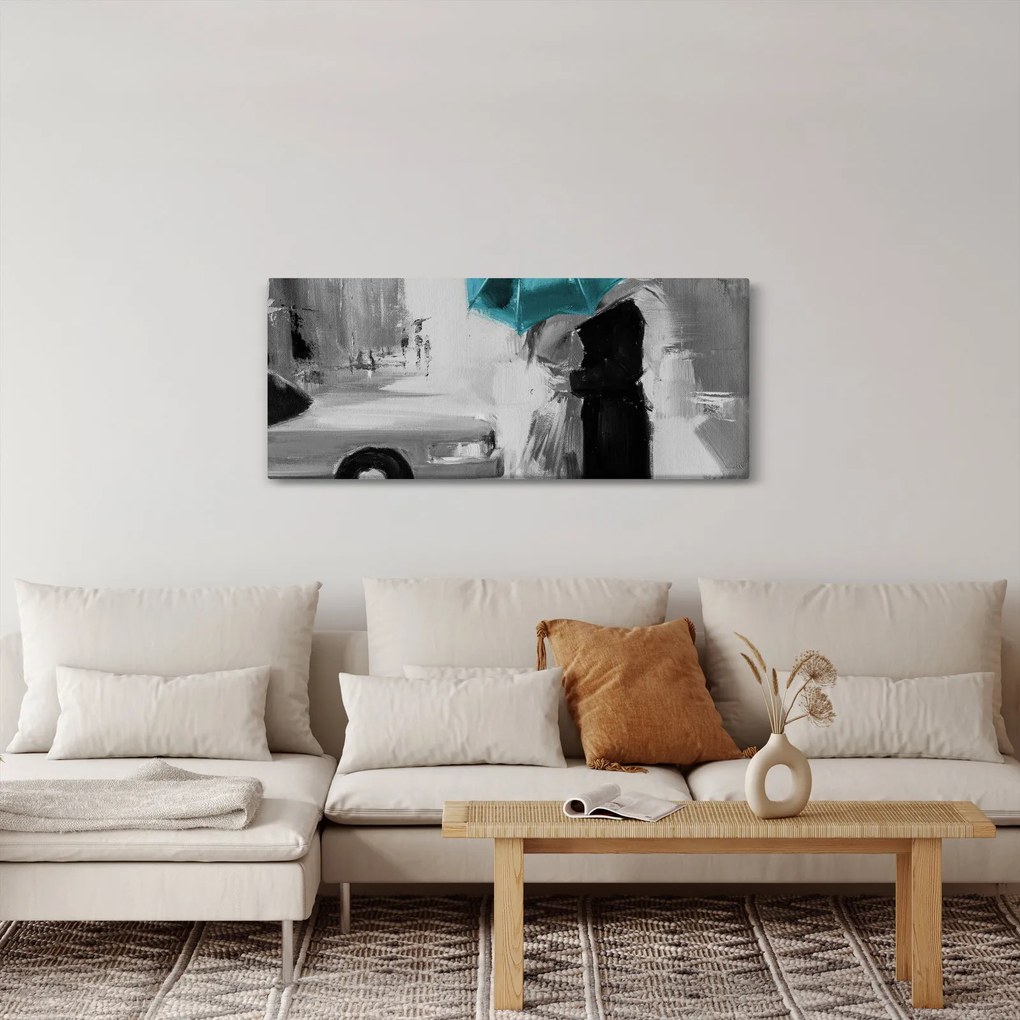 Tablou - Cuplu în dragoste cu umbrelă, albastru (120x50 cm)